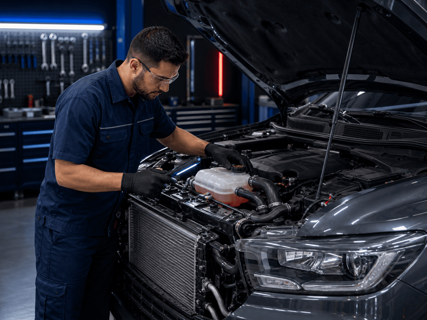 Técnico inspecionando o sistema de arrefecimento automotivo de um utilitário