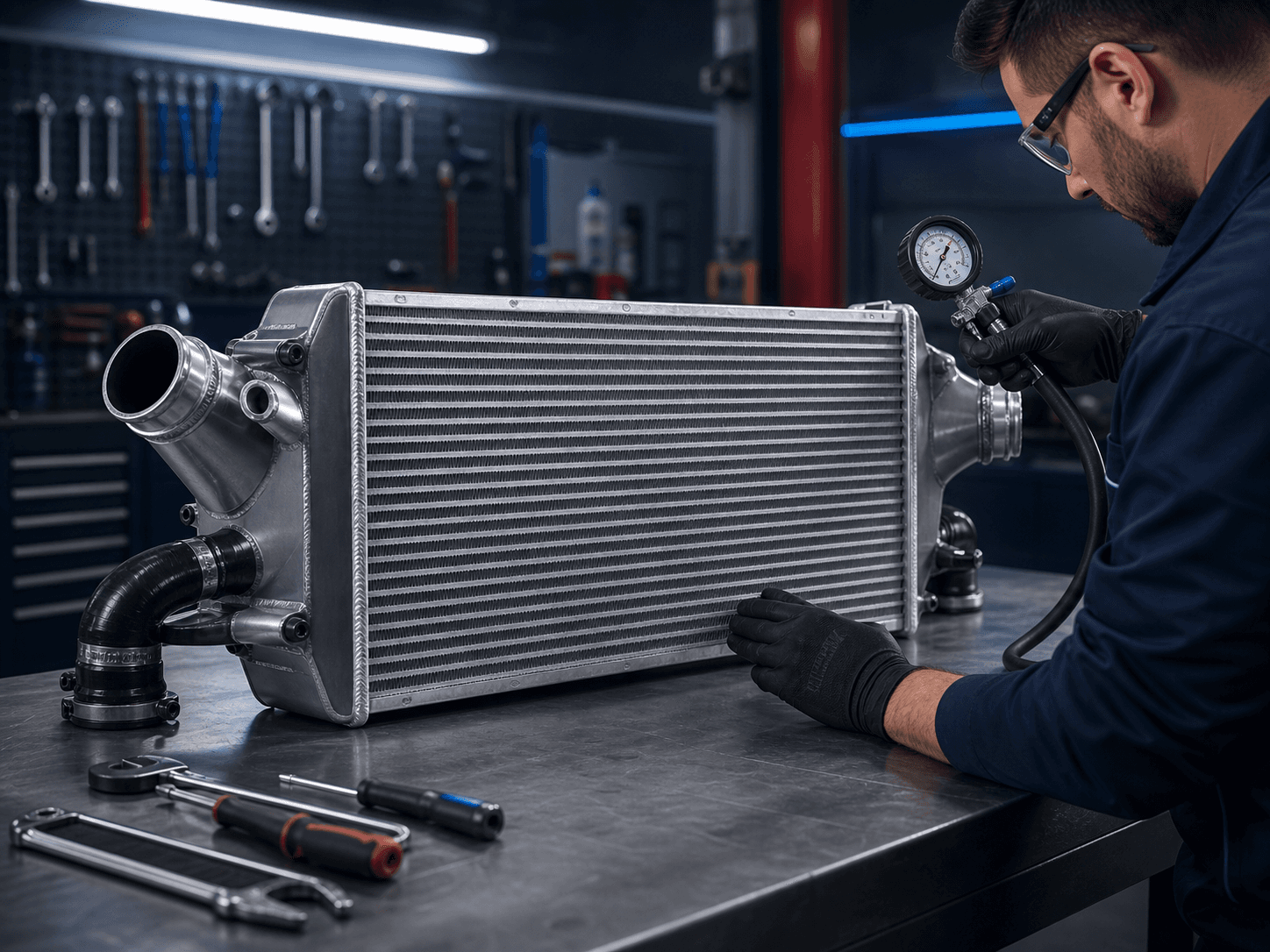 Intercooler automotivo realizando teste de pressão em bancada profissional